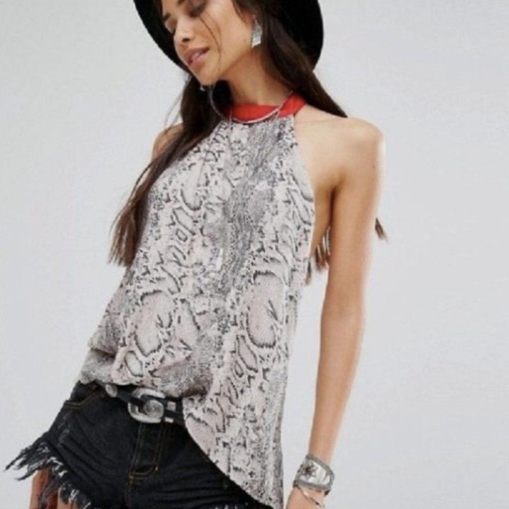 Free People Snake Print Halter Crop Top - Red and Black